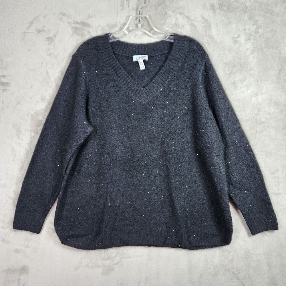 Denim & Co Sweater Womens Large Black V-Neck Long Sleeve Sparkle Holiday A670650